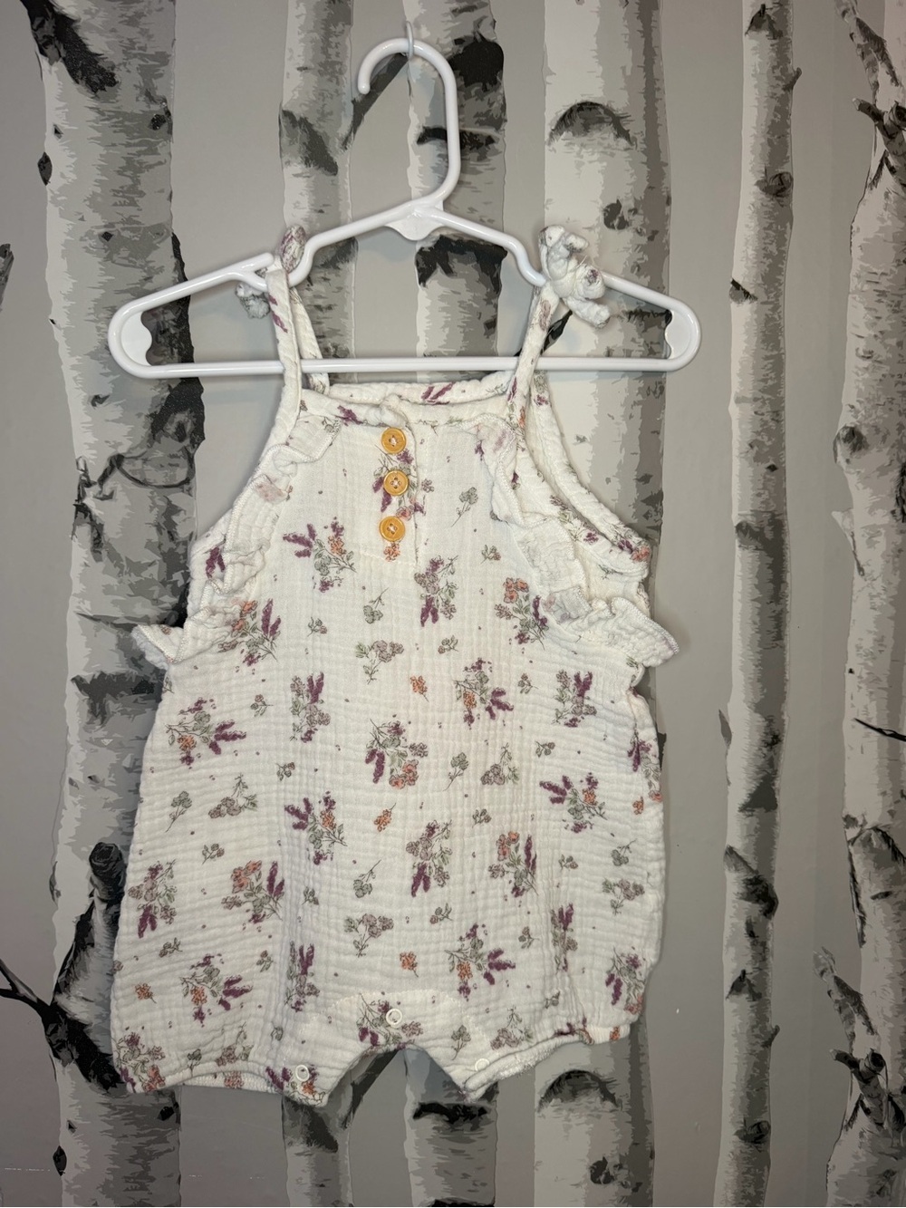 Catherine Malandrino Cream Floral Girls' Romper with Purple and Pink Accents